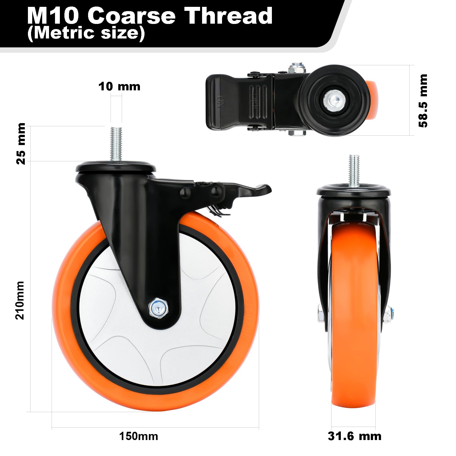Set di 4 ruote rotanti da 150 mm, carichi pesanti, ruote filettate con doppia serratura, ruote industriali con caratteristiche di sicurezza, lisce e silenziose, per trolley e mobili
