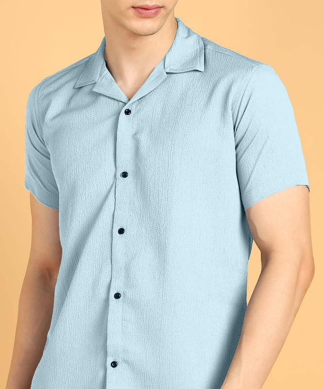 Image of COMBRAIDED Men's Solid Cotton Blend Half Sleeve Shirt - Regular Fit Casual Button-Down Shirt for Office & Travel - Summer & Spring