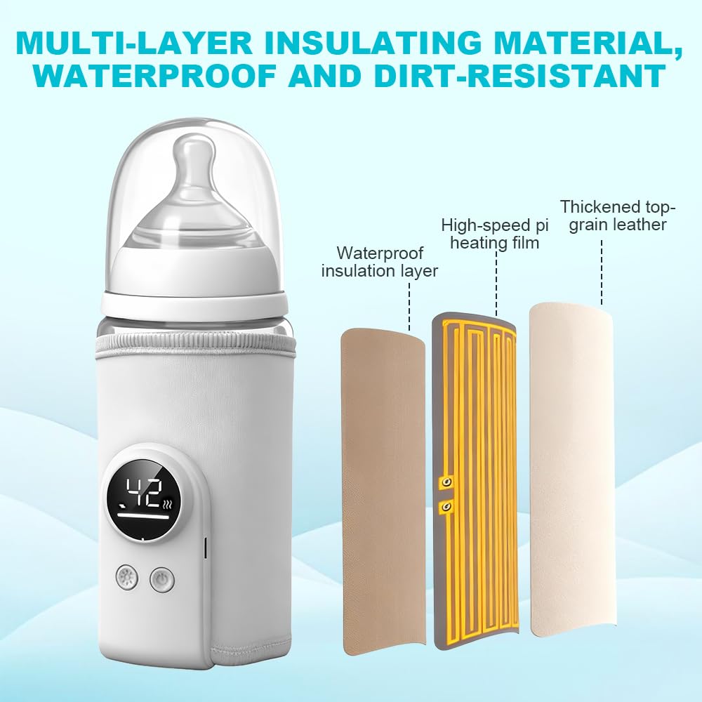 Chauffe-biberon portable pour bébé, plug-in, chauffe-biberon portable pour bébé en déplacement, 6 températures réglables 38-50 °C, chauffe-biberon avec écran LCD, blanc