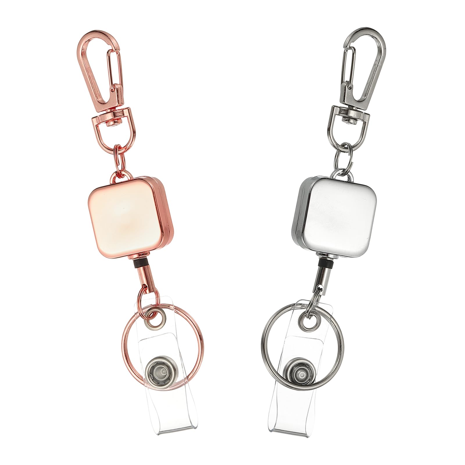 PATIKIL 2Pack Retractable Keychain, Metal Badge Reels Retractable Badge Holder Clips with Key Rings for Name Card Key Conferences Office, Silver/Rose Gold(Square)