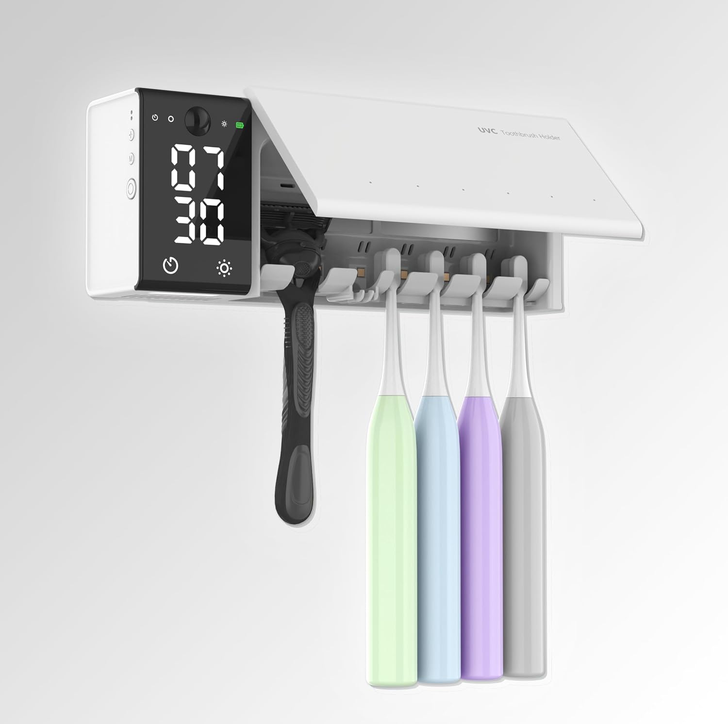 UV Toothbrush Holder Wall Mounted for Bathrooms | Smart Tooth Brush Sanitizer and Holder | Dual Toothbrush Stands | Sterilizer and Hot Air Drying | LED Clock Display, Motion Sensor, Bathroom Decor
