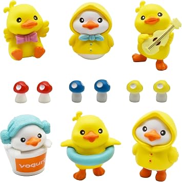 6Pcs Mini Yellow Duck Figurines with Raincoat Guitar Swim Ring 1inch Miniature Duck Mushrooms Cake Toppers Fairy Garden Set for DIY Moss Landscape Terrarium Crafts
