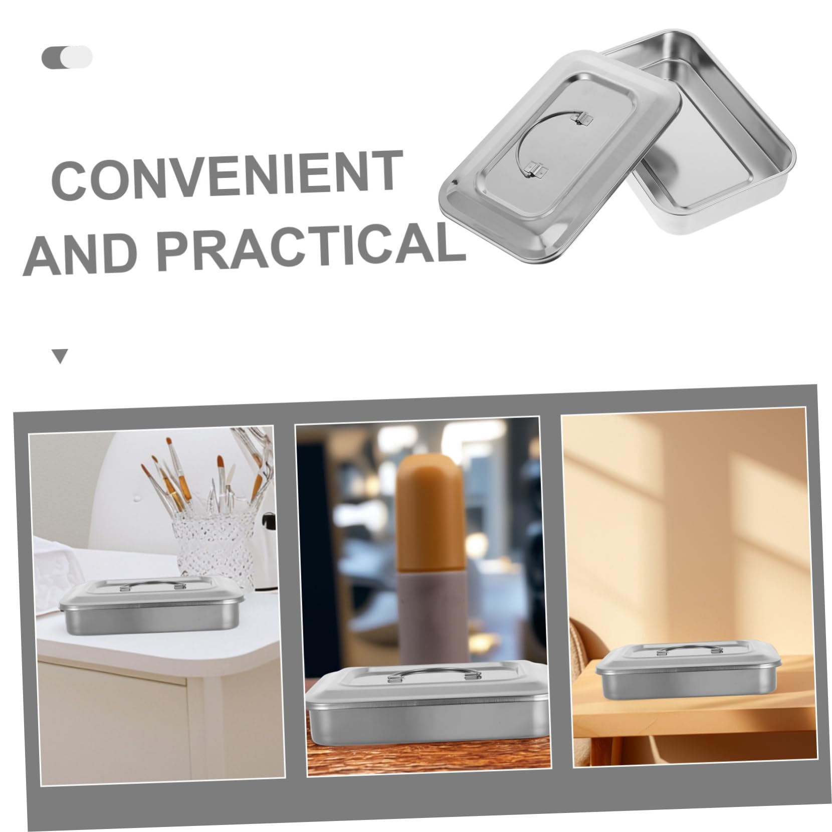 Healeved Plat INOX avec Couvercle en Acier Inoxydable Carré, Boîte Stérilisateur Onglerie de Grosse Qualité avec Finition Polie, pour Plateau D'instruments de Beauté