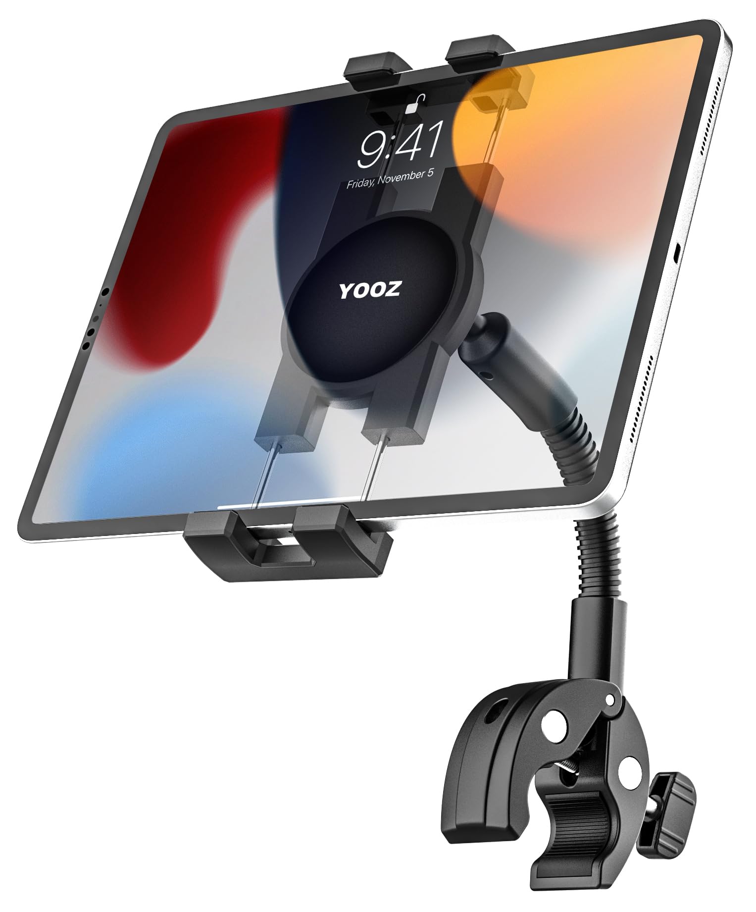 YOOZ Handlebar Tablet Holder for Bike Pram Moto Wheel Chair [Metal Gooseneck Arm] Stroller Boat Treadmill Bicycle Mount Clamp for Tablet & Phone, iPad Pro Air Mini, Galaxy Tab, Kindle, 4-13