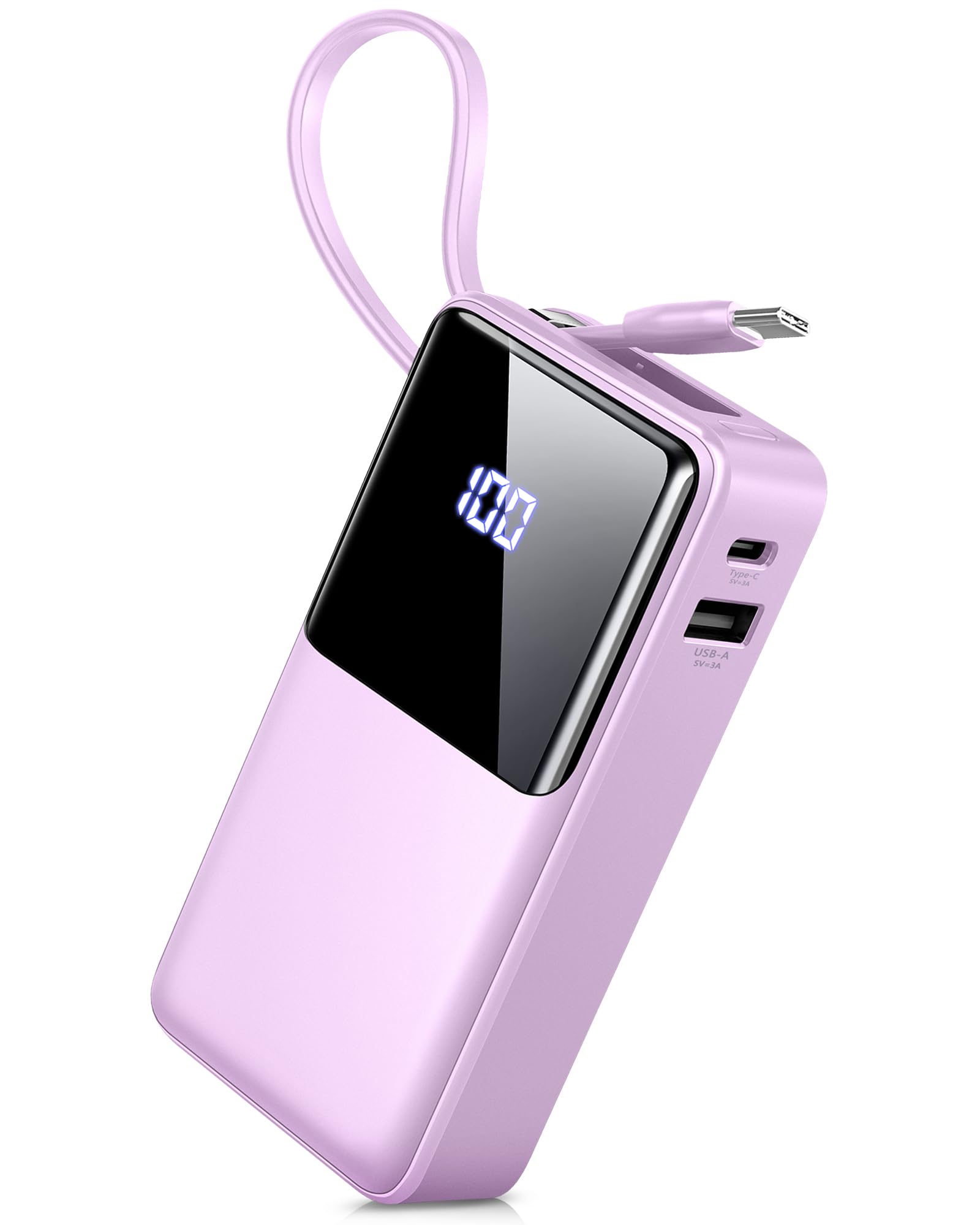 Power Bank 10000mAh, Portable Charger with Built-In USB-C Cable, PD 15W Fast Charging Battery Pack, Clear LED Display portable phone charger, Travel Essentials for iPhone Android Phones etc, Purple