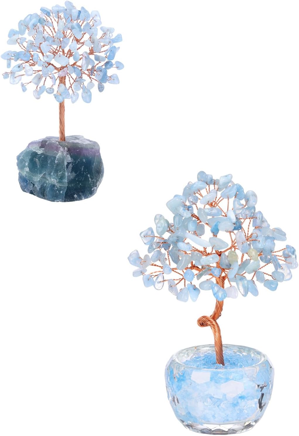 Jovivi Bundle - Aquamarine Crystal Tree Raw Fluorite Base & Aquamarine Gem Tree Glass Base Bonsai Money Tree for Home Office Table Decor Wealth and Luck