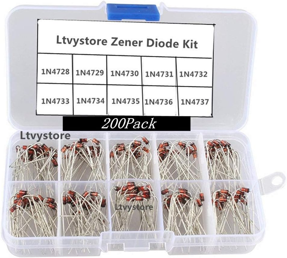Zener Diodes Kit, 1W Power Diode Assorted Assortment Box Kit Set (3.3V/3.6V/3.9V/4.3V/4.7V/5.1V/5.6V/6.2V/6.8V/7.5V), Range 1N4728~1N4737,Pack of 200, By Ltvystore