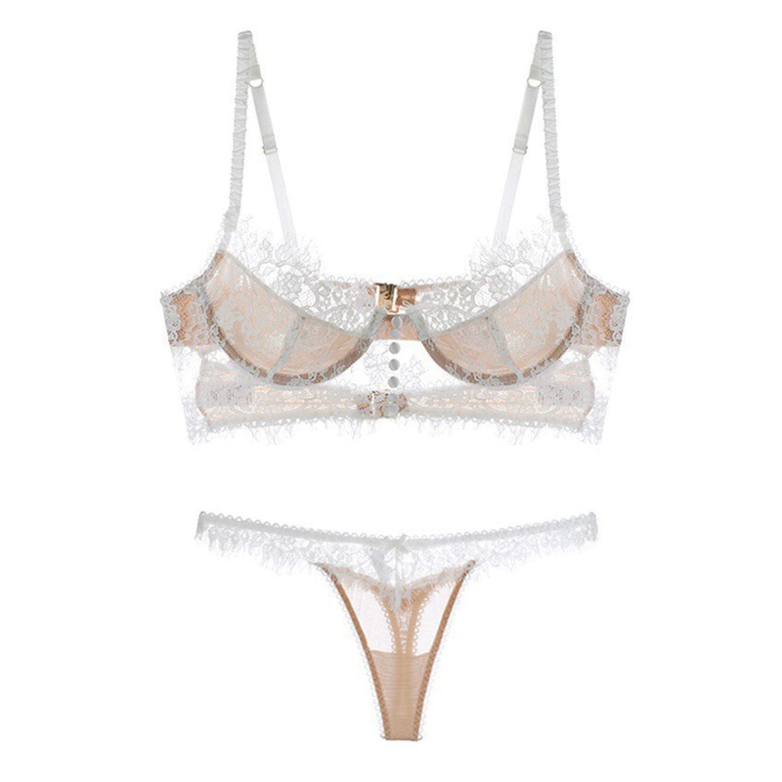 YUANCHENGLingerie Bra And Thong Set Eyelash Embroidery Backless Underwire Push Up Lace Bras