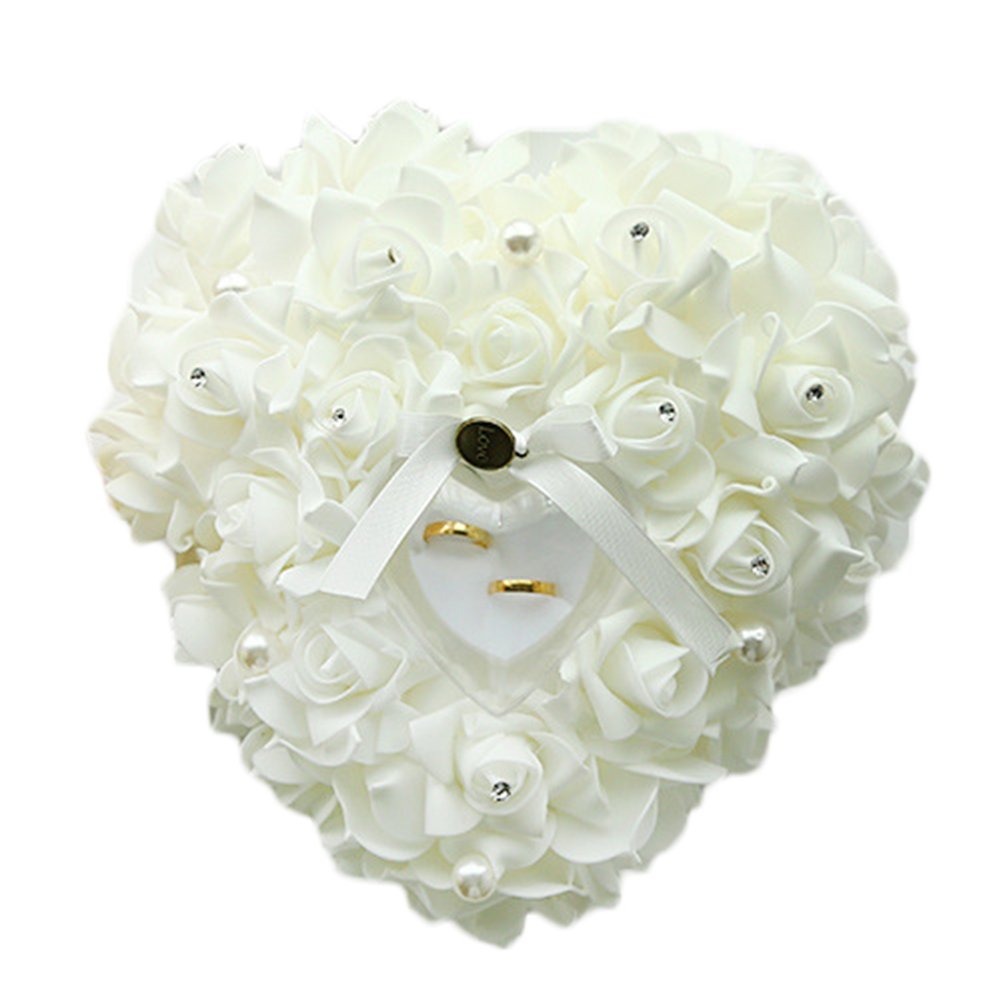 Coussin pour bague de mariage en satin blanc de 24 x 22 cm avec motif floral