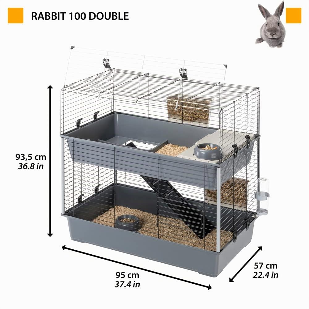 Ferplast Gabbia per conigli a due piani RABBIT 100 DOUBLE, Casetta per piccoli animali, Conigliera con Accessori inclusi, in Metallo verniciato Nero e plastica, 95 x 57 x h 93,5 cm