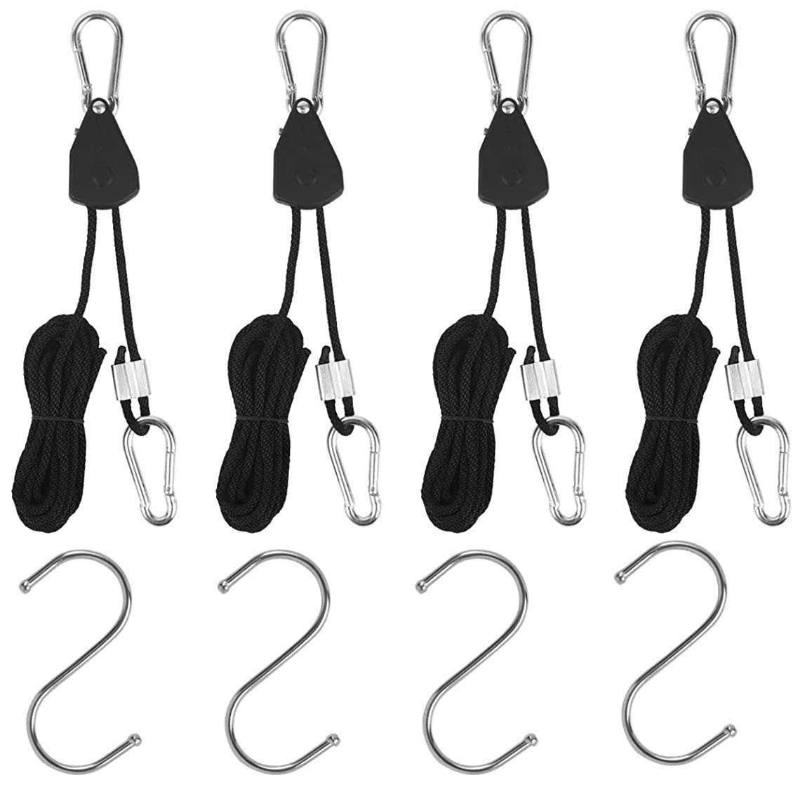 OneChoi 2-Pair 1/8" 8-feet Length Heavy Duty Adjustable Rope Clip Hanger (150lbs Weight Reinforced Metal) Stainless Steel 2.5" S Hook, Black