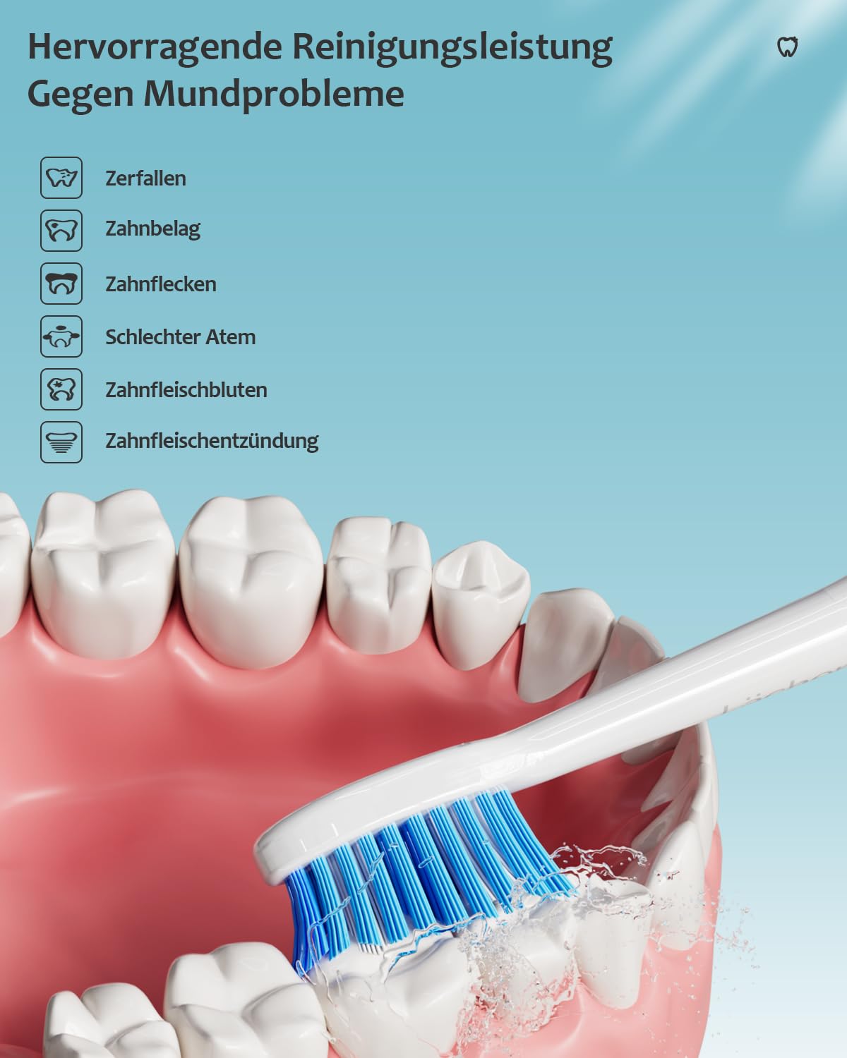 Lächen Cepillo de dientes eléctrico, 5 programas de limpieza con estuche de viaje, 6 cabezales de cepillo de dientes, recargable, IPX7 resistente al agua, cian