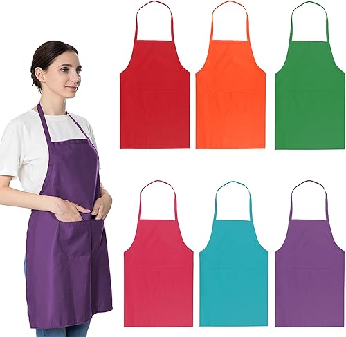 6 delantales lisos para mujeres y hombres, delantales multicolor con 2 bolsillos para pintar, manualidades, hornear, cocinar, (6 unidades, 6 colores)