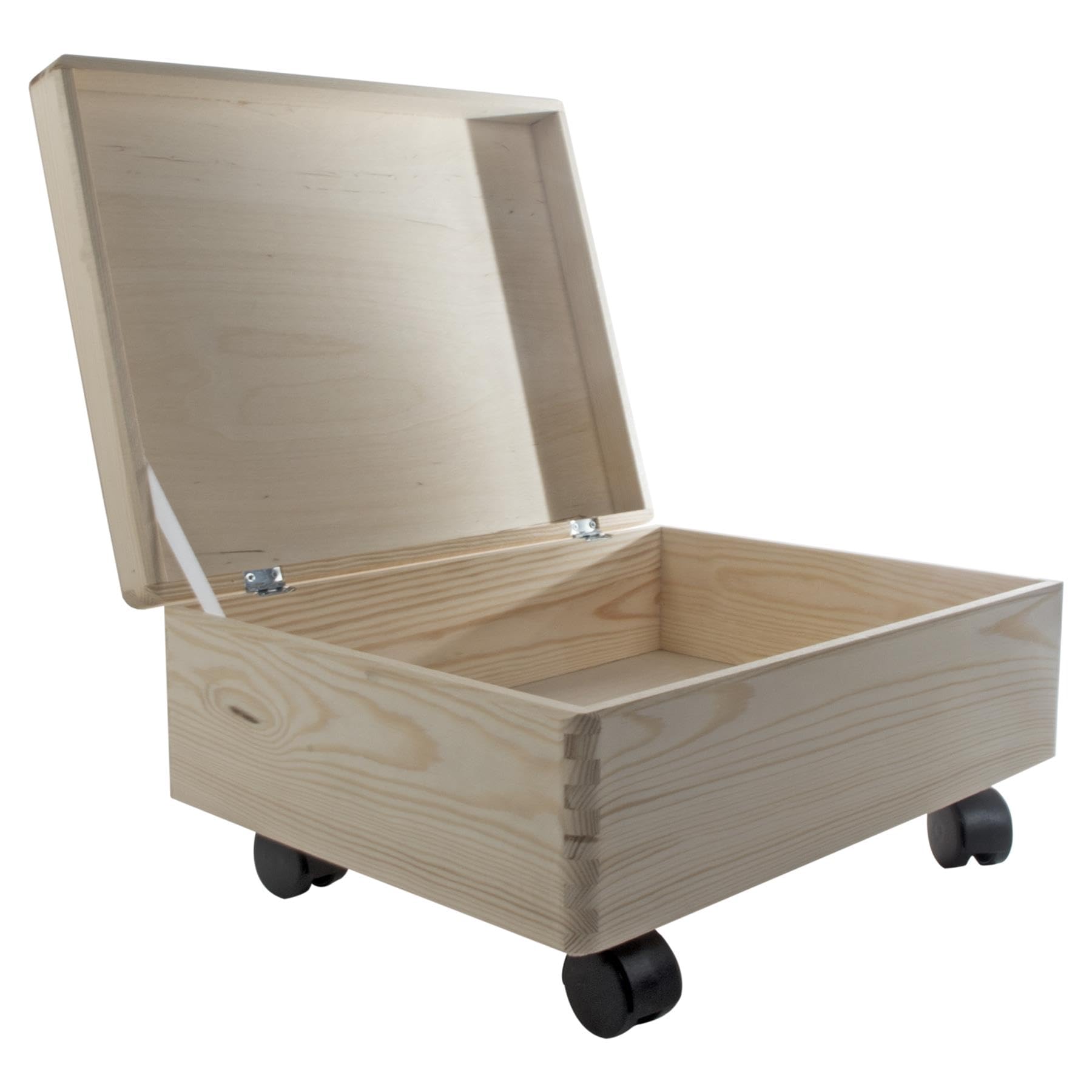 Woodeedoo Natural Large Shallow Wooden Storage Box On Wheels – Hinged Lid Pine Chest To Decorate – Underbed 12L Crate For Crafts Keepsakes Memorabilia – Unfinished Wood – 40 X 30 X 19 Cm