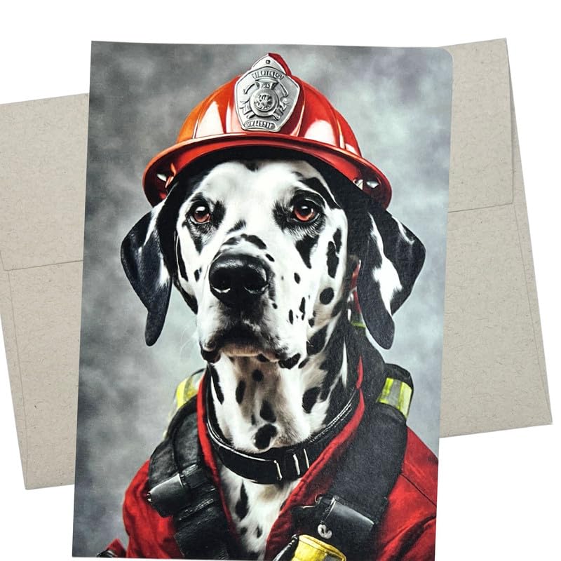 Dalmatian Firefighter Card (7X5 Inch and Blank Inside for All Occasions) also for fire academy graduation, firefighter retirement card or fireman