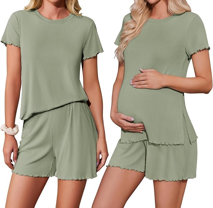 ELESOL Women 2 Piece Maternity Pajamas Set Lightweight Pregnancy Outfit Ribbed Knit Postpartum Loungewear Set with Pocket