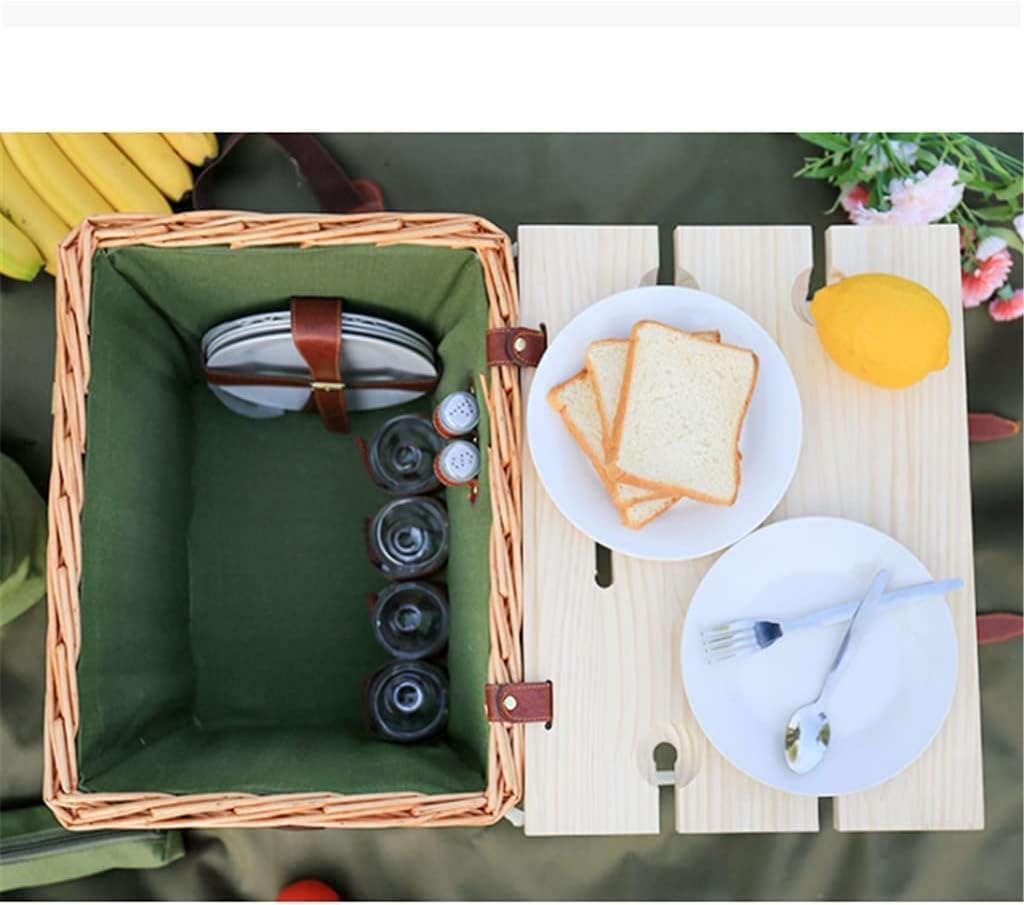 Rattan Picnic Basket Set with Shoulder Strap - Portable Insulated Outdoor Picnic Box with Cover & 4-Piece Camping Tableware