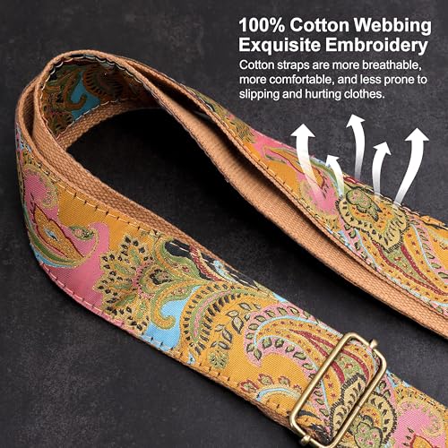 Image of Nefelibata Guitar Strap,Crazy Horse Leather Jacquard Embroidery Cotton Guitar Straps for Bass, Electric & Acoustic, Best Gifts for Guitarists(Golden Silk Golden Flower)