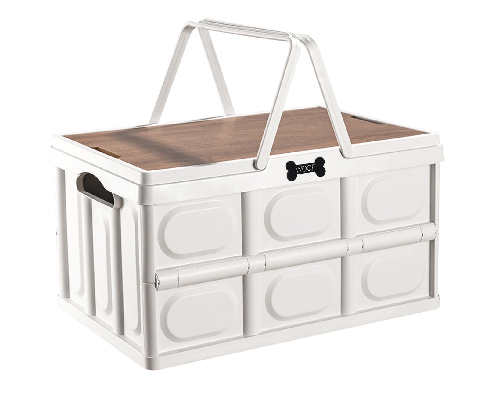 Brabtod Collapsible Dog Toy Basket wtih Handles,Dog Stuff Organizer Outdoor Portable,Pet Storage Bin with Wood Cover for Dog Toys Snack and Camping Essentials,Ideal for Car Trunk, RV trip,Picnic