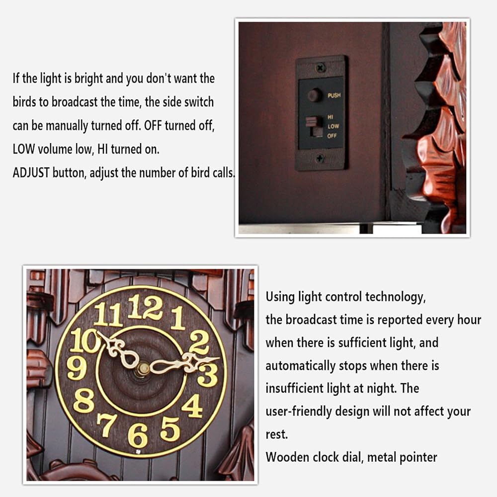 Reloj de pared, reloj de pájaro cuco con sonidos de canto de pájaros, reloj de péndulo de madera retro para decoración de sala de estar, función de modo nocturno, elegante decoración del hogar