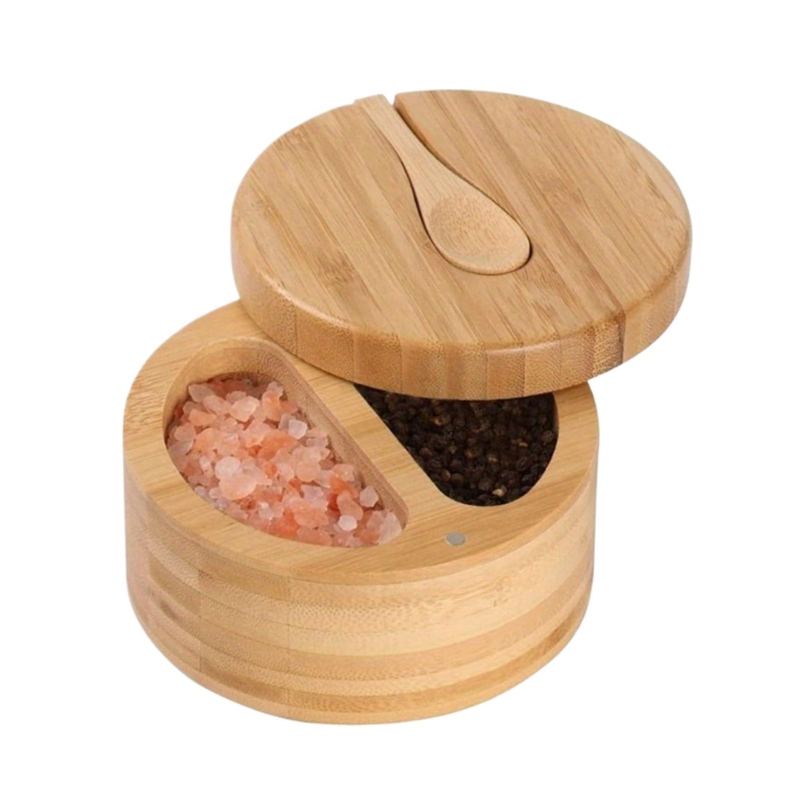 LuoAXINN Wooden Salt Cellar Kitchen Products Wood Triple Salt Spices Storage Container Box with Magnetic Swivel Lids(2grid Scoop)