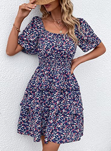Image of PRETTYGARDEN Women's Summer Floral Ruffle Short Dress | Short Sleeve Square Neck, Flowy Tiered Hem, Fit and Flare, Flower Boho Dresses, Cute Beach Vacation Outfits, Fashion Clothing