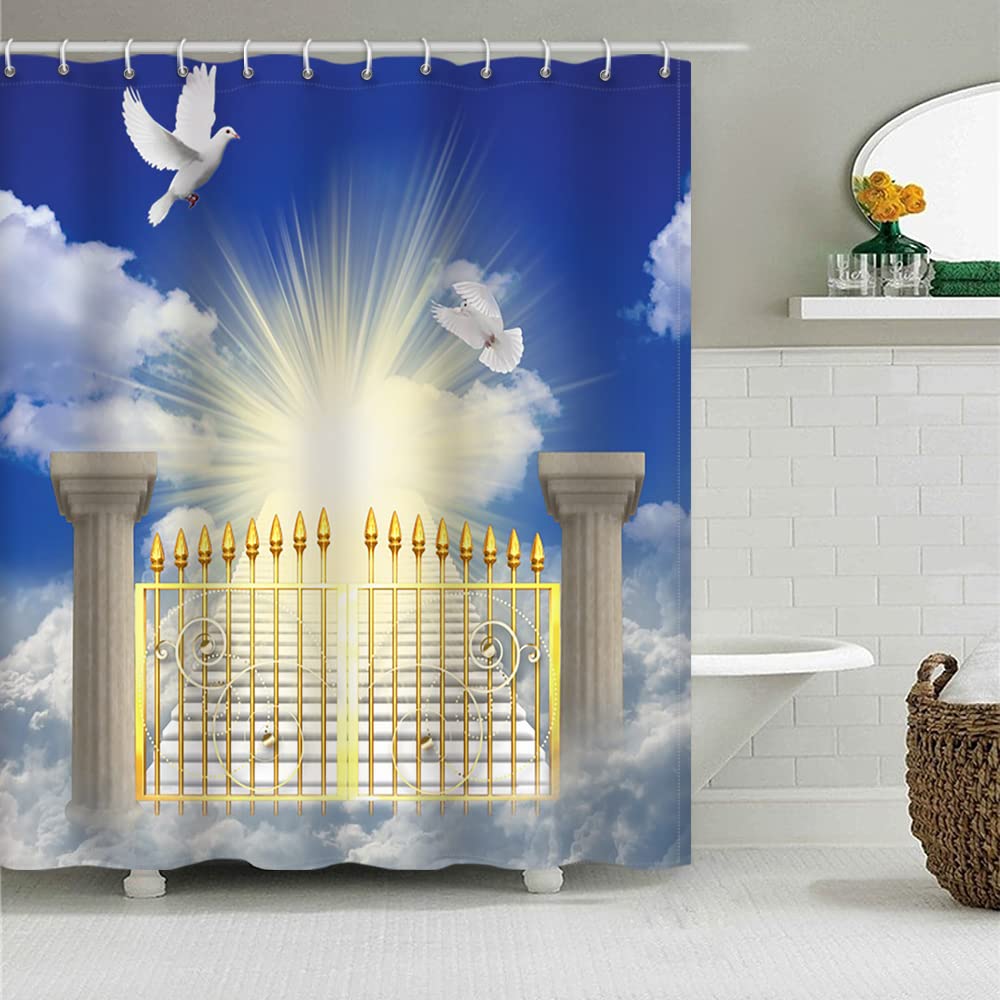 SDOTPMT 72x72inch Blue Sky Sun Light Shower Curtain White Cloud Stairway to Heaven Wonderland Bath Curtain White Pigeon Peace Dove Bathtub Curtain for Bathroom Decor Fabric Polyester with Hooks