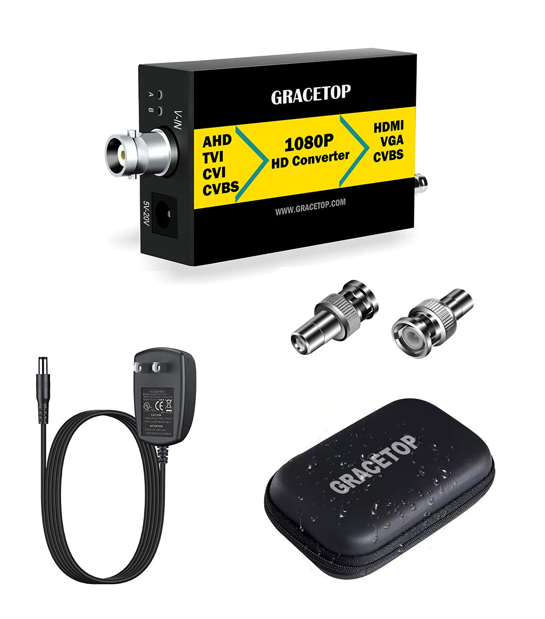GRACETOP Convertitore da RCA a HDMI, convertitore da BNC a HDMI CVBS/TVI/CVI/AHD a HDMI/VGA/CVBS con loopout 720P/1080P/3MP/4MP per monitor HDTV DVR