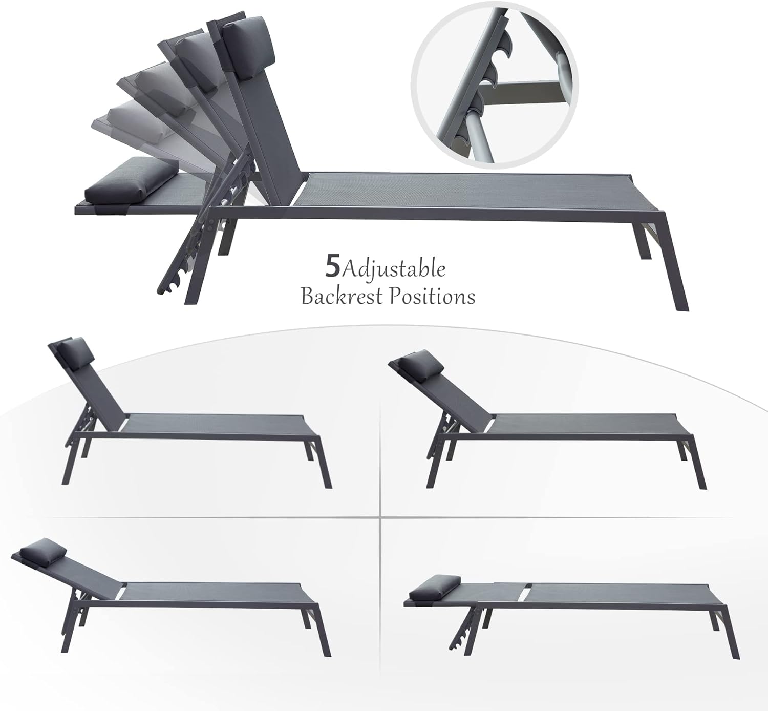 Domi Patio 3 Pieces Textilene Chaise Lounge Set with Side Table Outdoor,Adjustable Back&Pillow for Yard,Garden,Sunbathing,for All Seasons,Grey