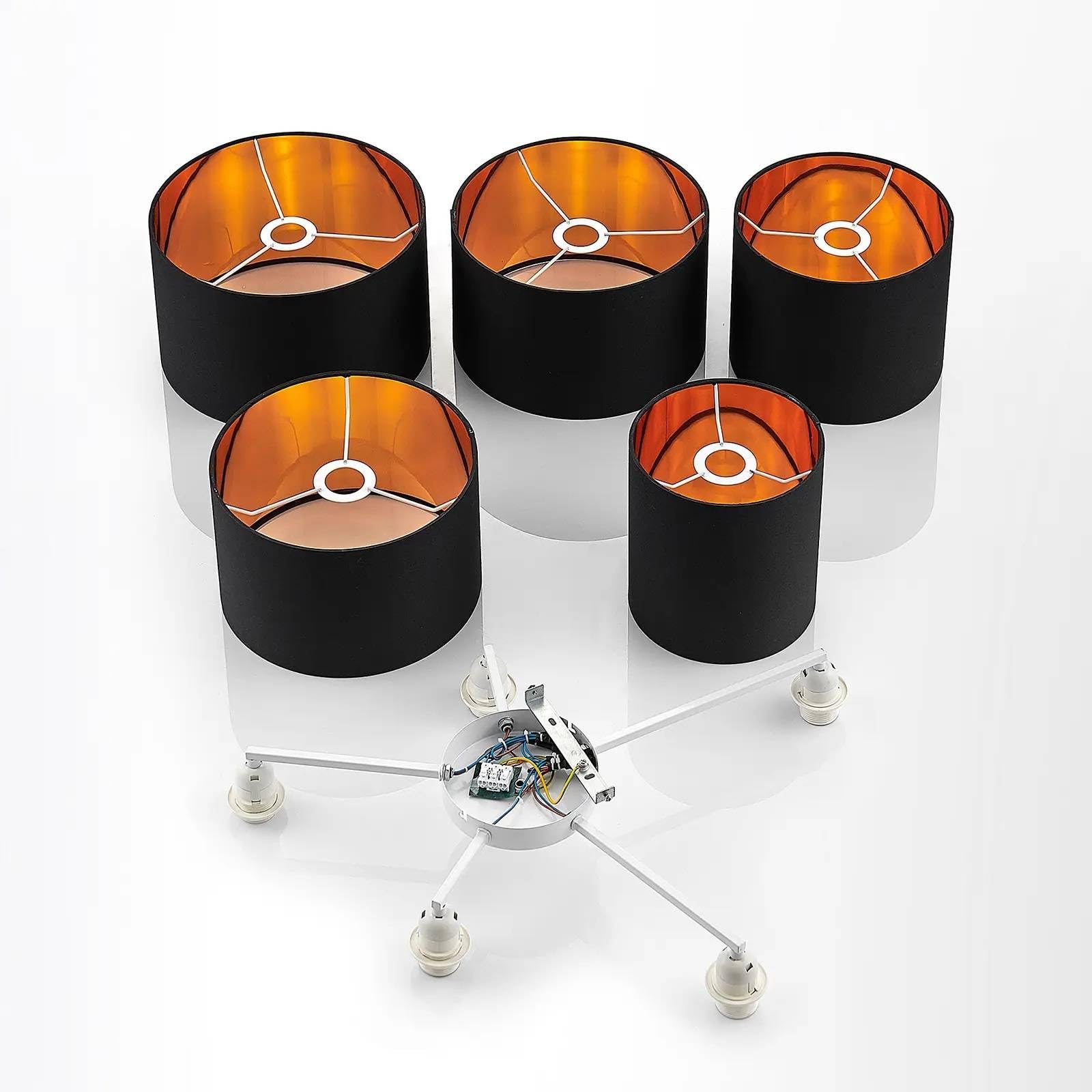 Lindby Stoff Deckenlampe schwarz-gold, 5 Schirme Ø 20 25 28 30 32 cm 5x E27 max. 60W ohne Leuchtmittel Textil Deckenleuchte Wohnzimmerlampe