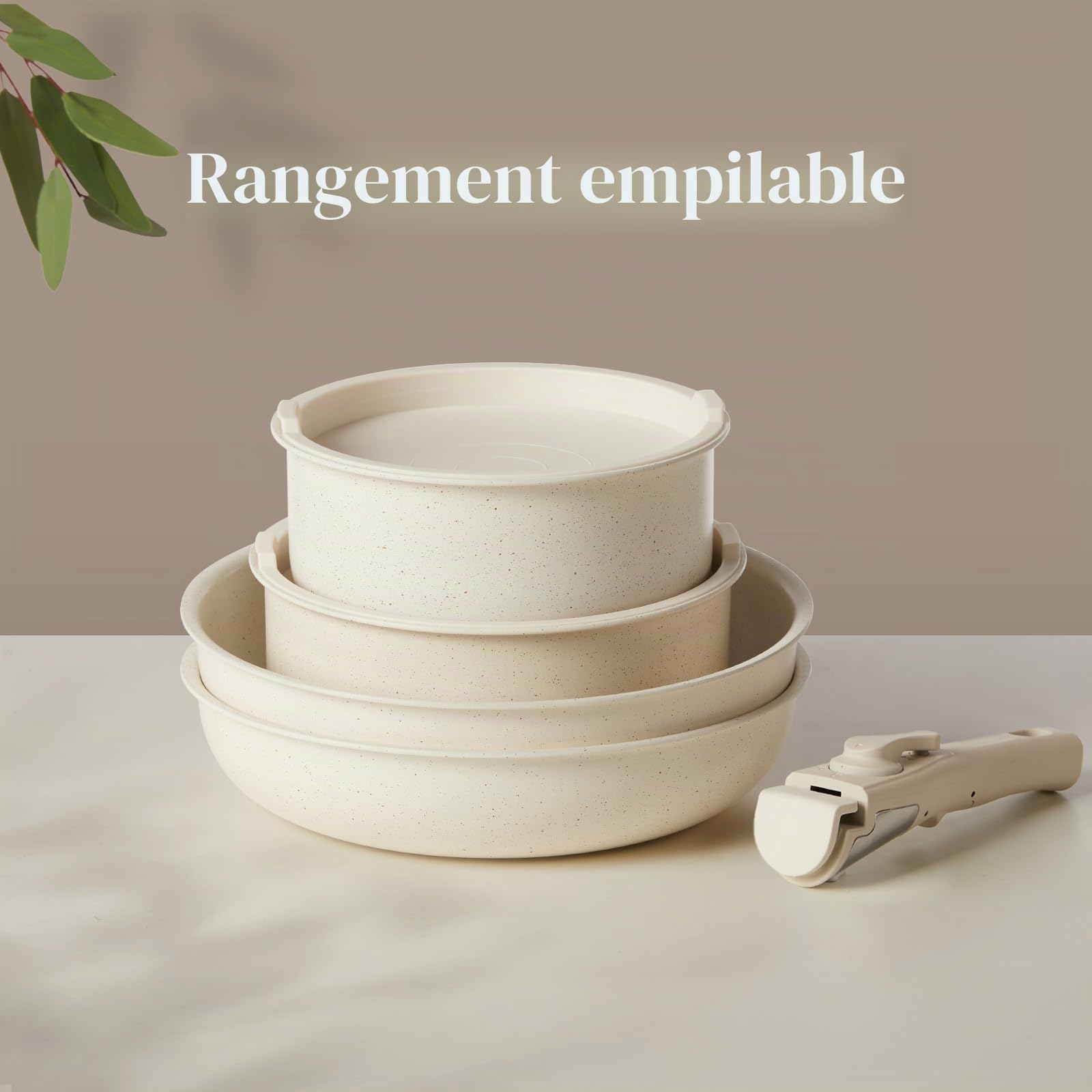 JHK Ensemble de casseroles et poêles 12 pièces – Batterie de cuisine antiadhésive avec poignée amovible – Ustensiles de cuisine pour vos besoins de cuisine à la maison, beige
