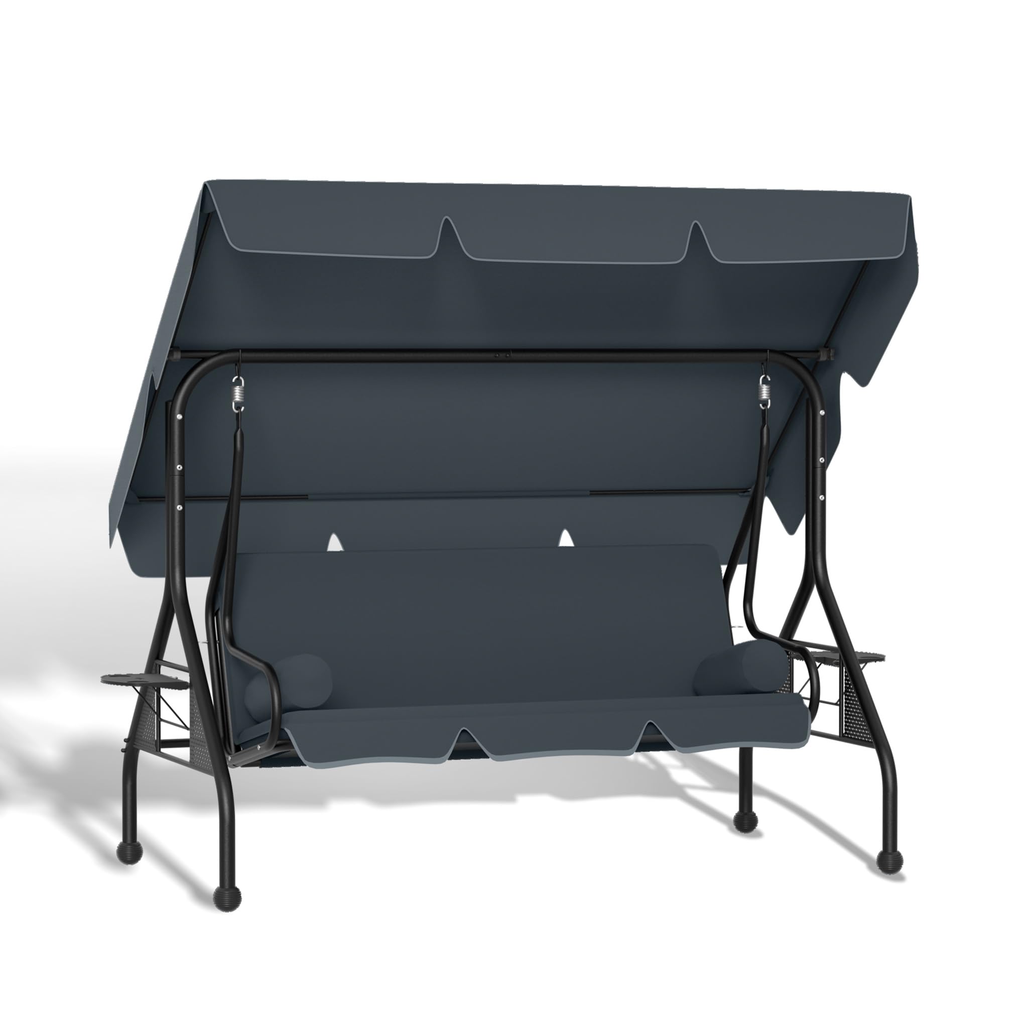 3-Sitzer Hollywoodschaukel mit Liegefunktion, verstellbarem Sonnendach, Seitentablett und Rundkissen, bis 350 kg, Gartenliege Wetterfest für Garten, Terrasse, 185x113x163cm, Grau
