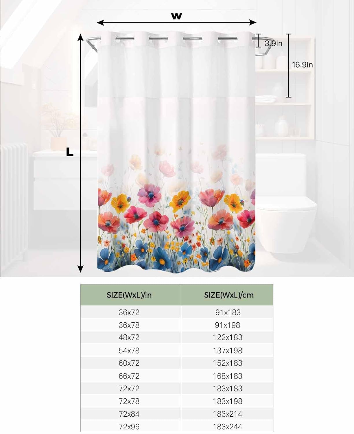 ALAGEO Shower Curtain with Snap-in Fabric Liner Set Wildflower No Hook Shower Curtain with Mesh Top Window Watercolor Floral Leaves Plant Shower Curtains Waterproof 72x96