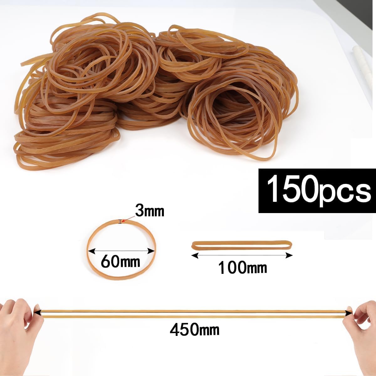 Gumki 150 sztuk gumowych pierścieni, żółte taśmy gumowe, szerokie, 60 x 3 mm, grubość gumy, do użytku domowego, do kuchni, biura, artykułów szkolnych
