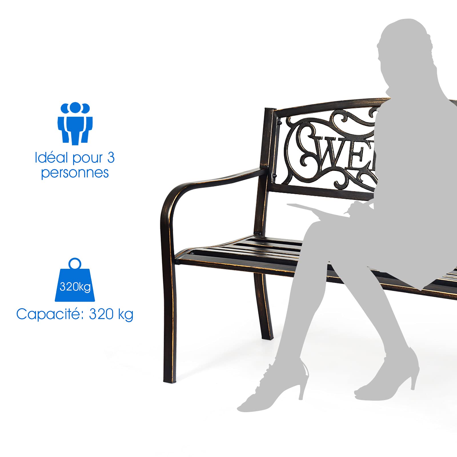 GOPLUS Banc Exterieur Jardin, 127 x 63 x 89 CM, Place pour 2 Personnes, Banquette Exterieur de Cadre en Métal, Charge 320KG, Dossier Ajouré avec Motif Mot, Idéal pour Patio, Piscine (Bronze)