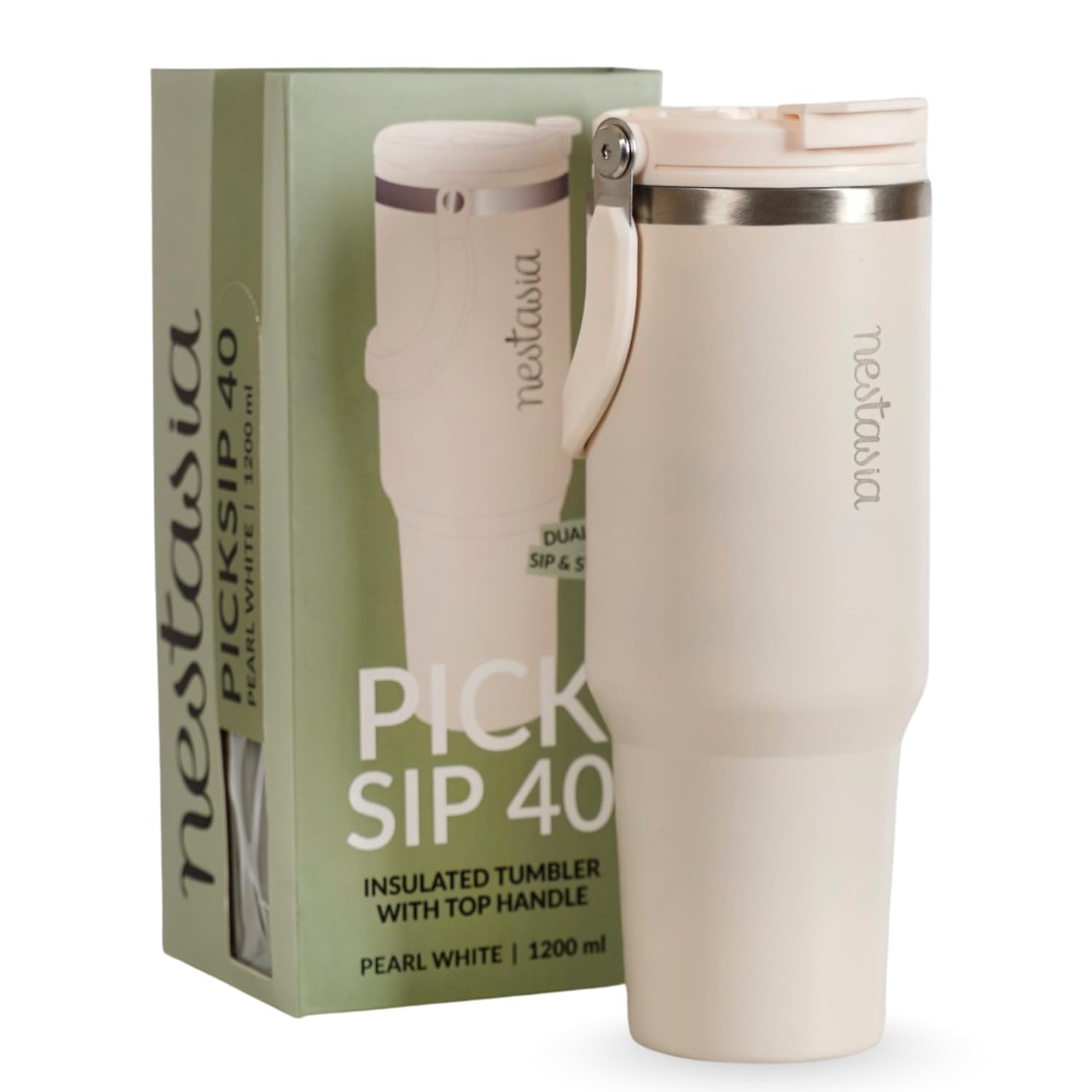 Nestasia PickSip40 Tumbler with Straw & Top Handle 1.2L | Insulated Stainless Steel Sipper Water Bottle for Adults with Dual Flip Opening Sip-Swig Leakproof Lid for Office & Gym (Pearl White)