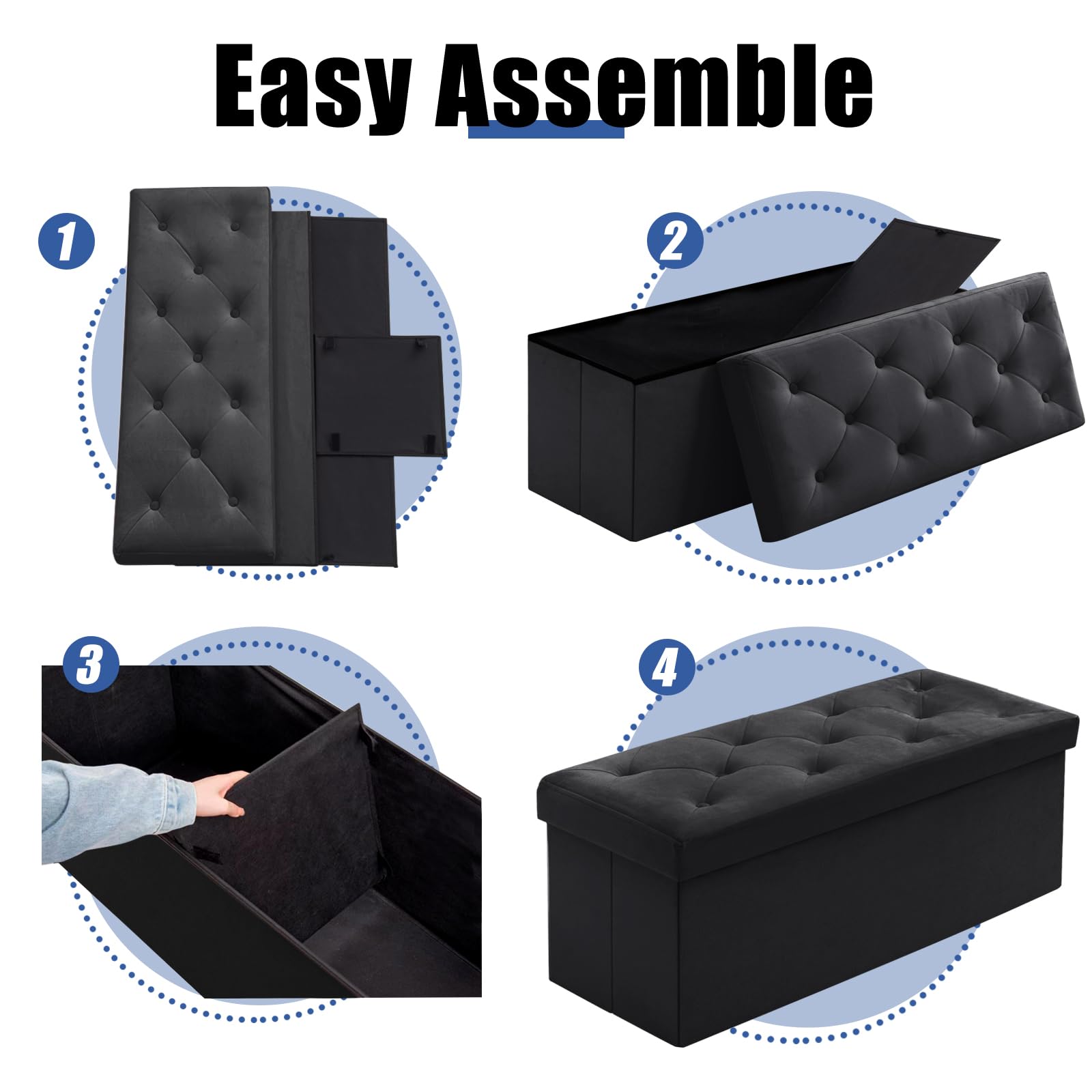 BRIAN & DANY Pouf Rangement Pliable 110x 40x 40cm, Coffre de Rangement Repose Pieds et Bout de Lit, Banc Coffre en Velours avec Couvercle, Tabouret pour Salon Chambre Entrée, Noir