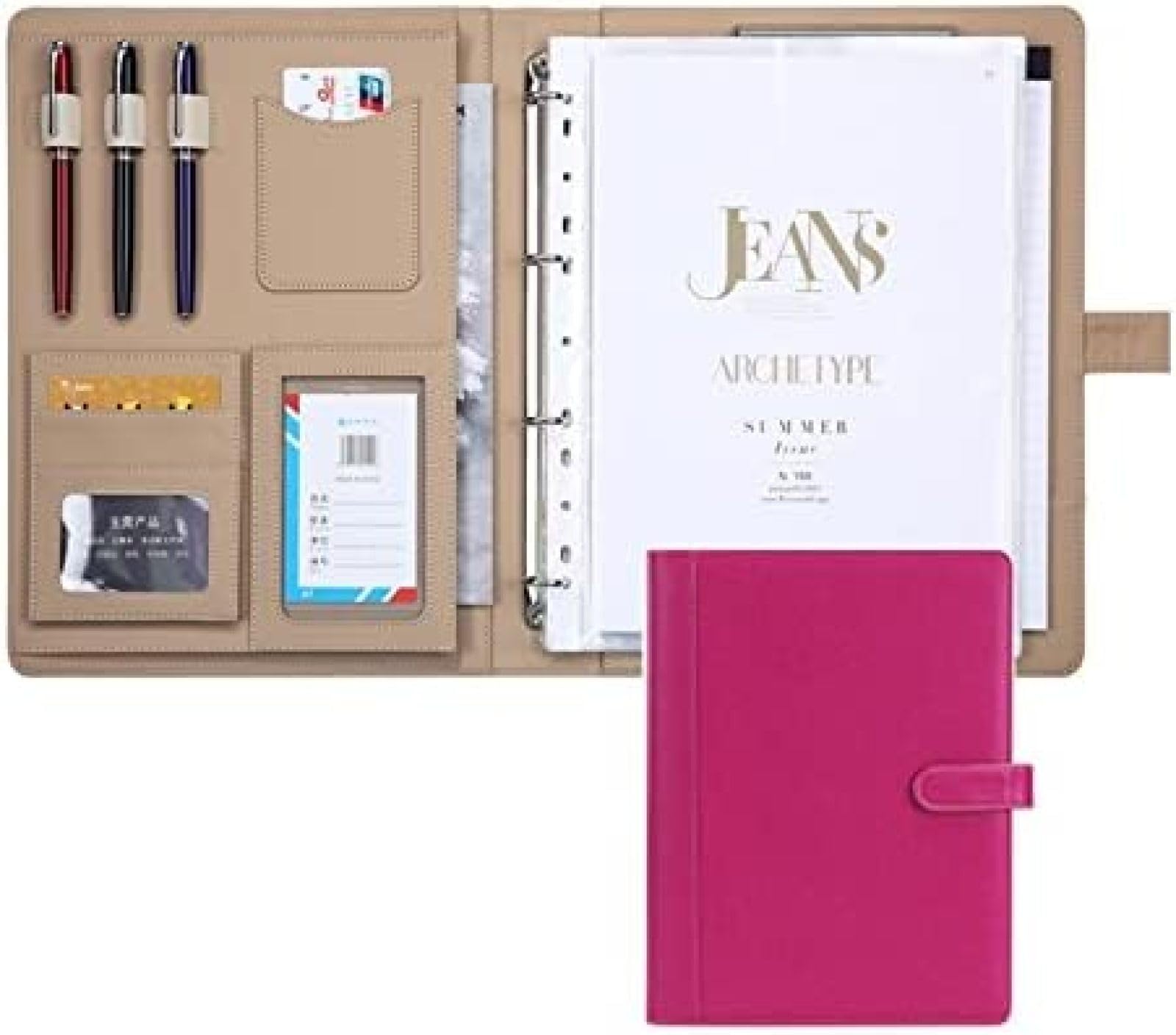 Teczka Skórzana Zapinana Na Zamek A4 Portfolio Uchwyt Na Notes Biznesowy Notatnik Ze Skóry PU Teczka Na CV Wywiady Executive Binder Dla Kobiet Mężczyźni Kobiety Teczka,Różowy A,Brak Kalkulatora,Bo