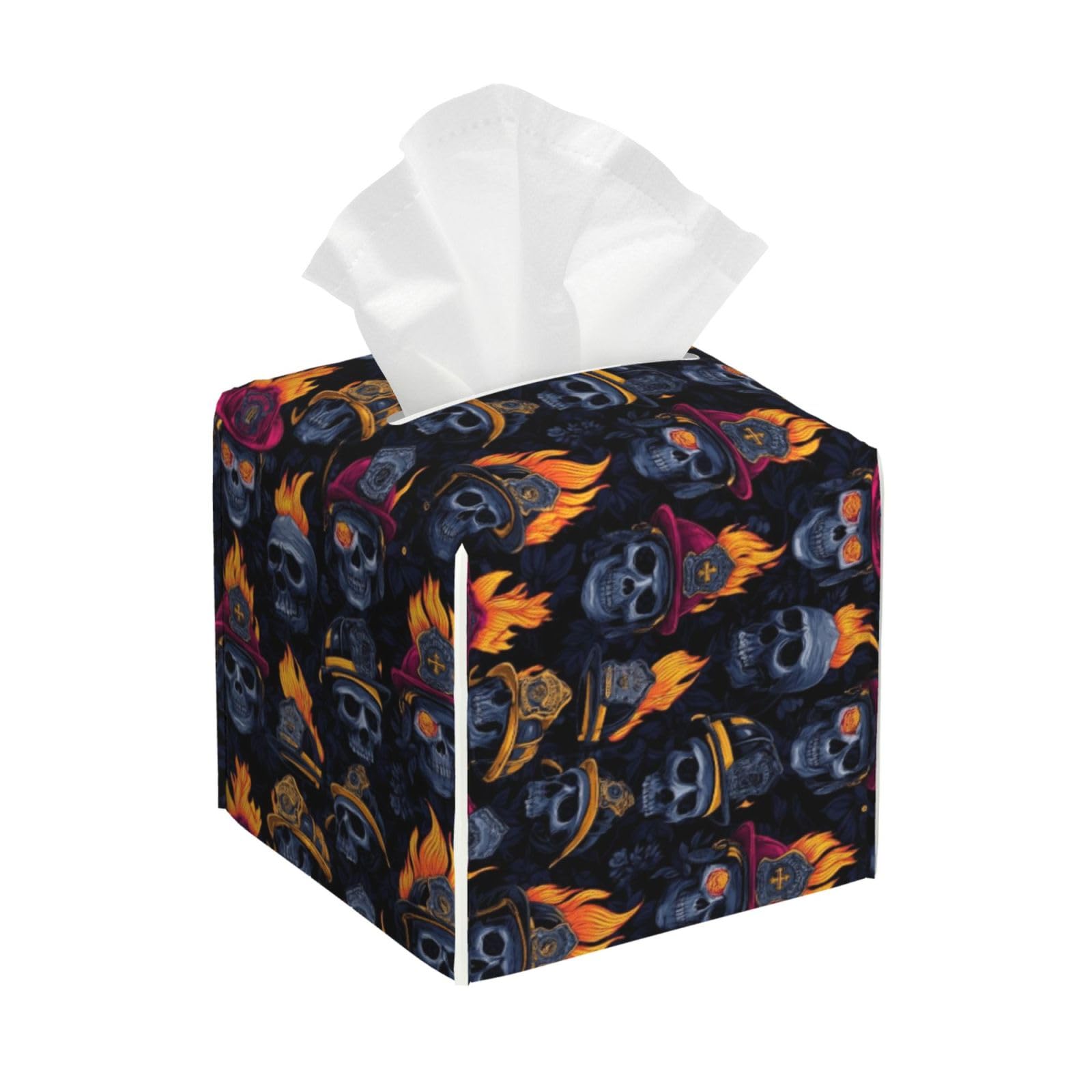 Vintage Flaming Skull Rose Print Tissue Box Cover Holder Square, Foldable Modern Cube Tissue Box Cover, Leather Decorative Organizer for Tabletop Bathroom Car Office Desk Decor