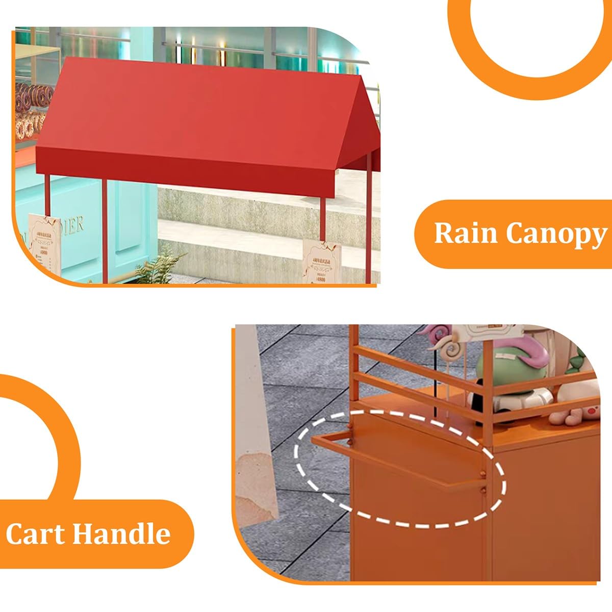 Carrito de Venta Ambulante Exterior con Toldo Impermeable, Carro de Comida con Frenos, Superficie Segura y Gran Almacenamiento(Orange,L 120CM/47.2IN)