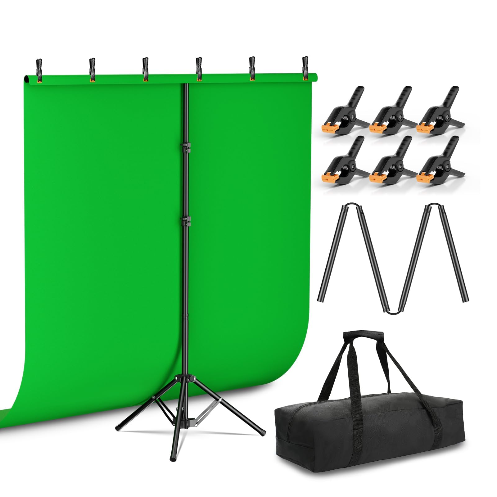 EMART Kit sfondo verde con base pieghevole inversa, sfondo verde per foto da 1,5 x 2 m, con supporto portatile a forma di T e 5 morsetti per fotografia, servizi fotografici, registrazione video in