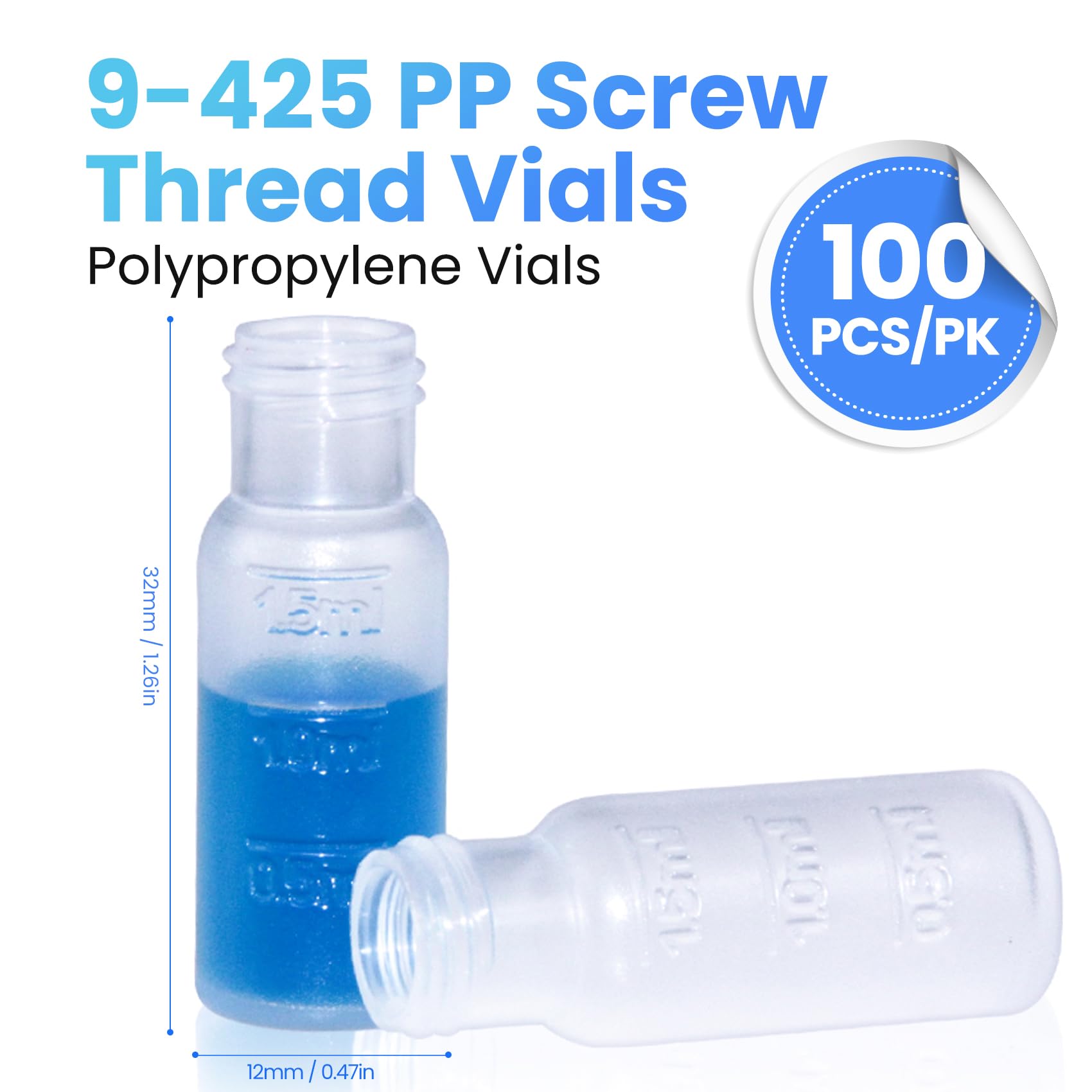 ALWSCI 2mL 9-425 PP vials per autocampionatori con graduazione. Tappo a vite a nervatura con septa da 9 mm in poliimmide/silicone rosso di 1 mm di spessore. 100pz/pz.