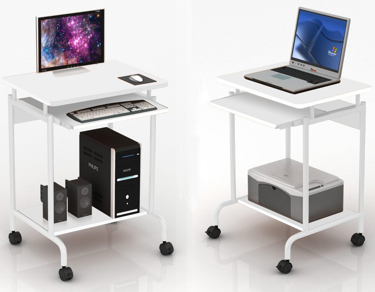 Techly 105926 Scrivania Mobile Compact per Computer Ripiano Tastiera Scorrevole Bianco Bianco