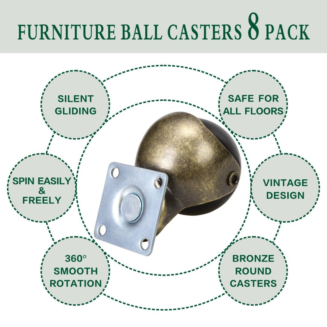JGJC 1.5" Antique Brass Casters Wheels: Value 8-Pack Bulk Set | Swivel Top Plate & Small Vintage Ball Caster Wheel for Furniture Legs & DIY & Carpet Friendly | with Screws | Double Quantity of 4-Pack