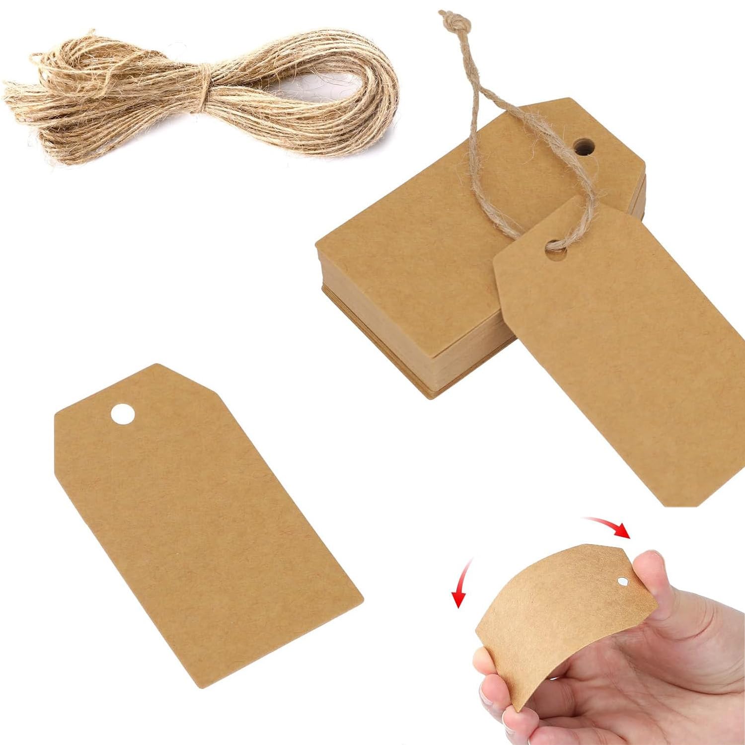 100 Pcs Natural Craft Labels, Brown Recycled Gift Tags with Twine, Blank DIY Decorative Cards for Christmas Parties and Handmade Projects, Eco-Friendly Design