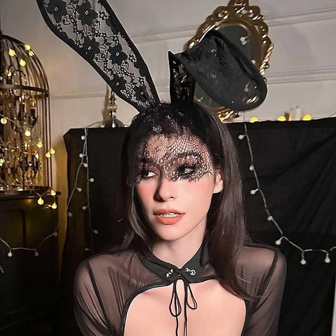 Miniatura 2 de EVILD Diadema negra con orejas de conejo de encaje, decoración de fiesta, banda para el cabello