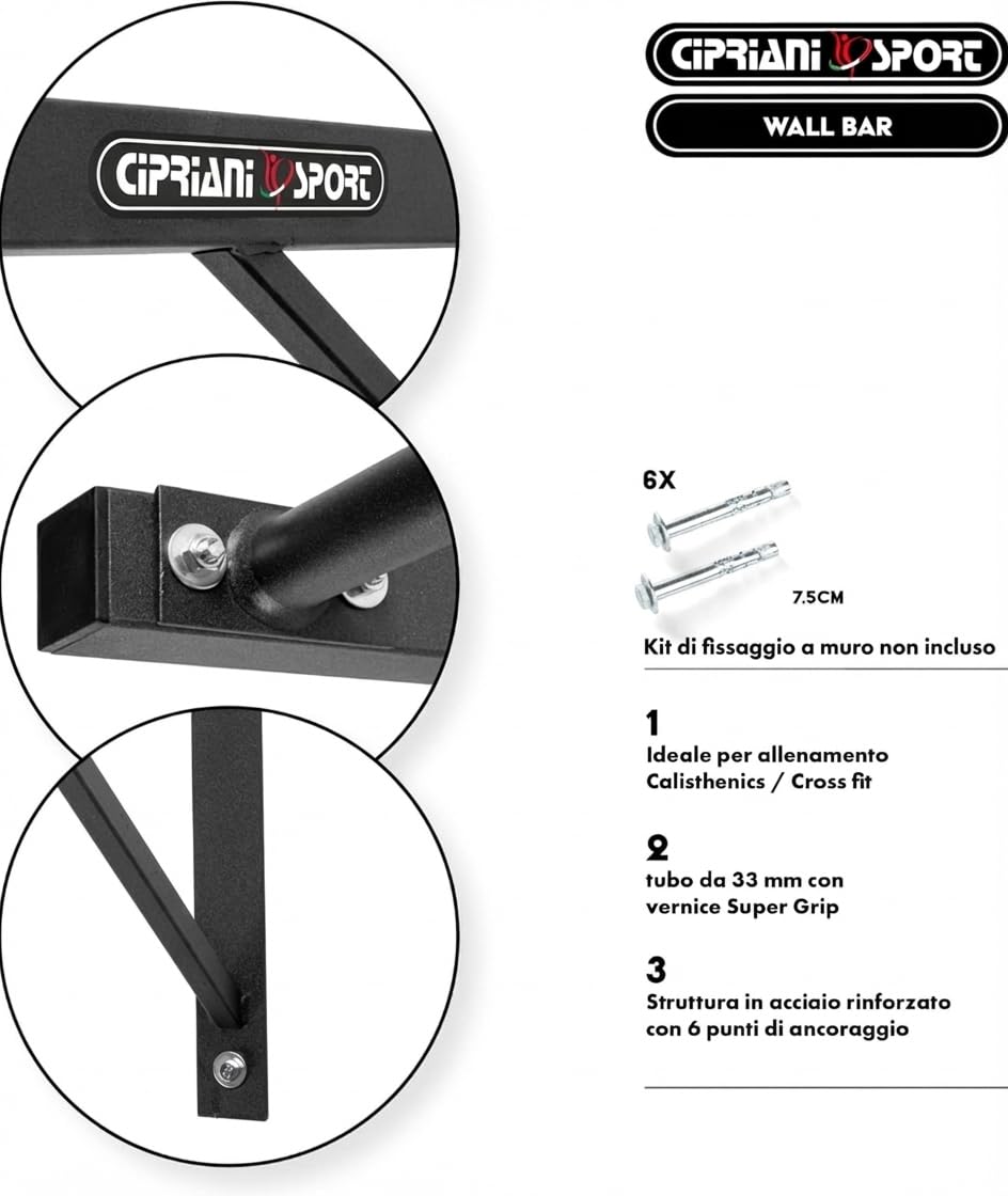 Cipriani sport - Barra Trazioni a Muro Gym Wall Bars - Professionale per Muscle Up, Pull Up - per Calisthenics, Bodybuilding - Robusta e Sicura