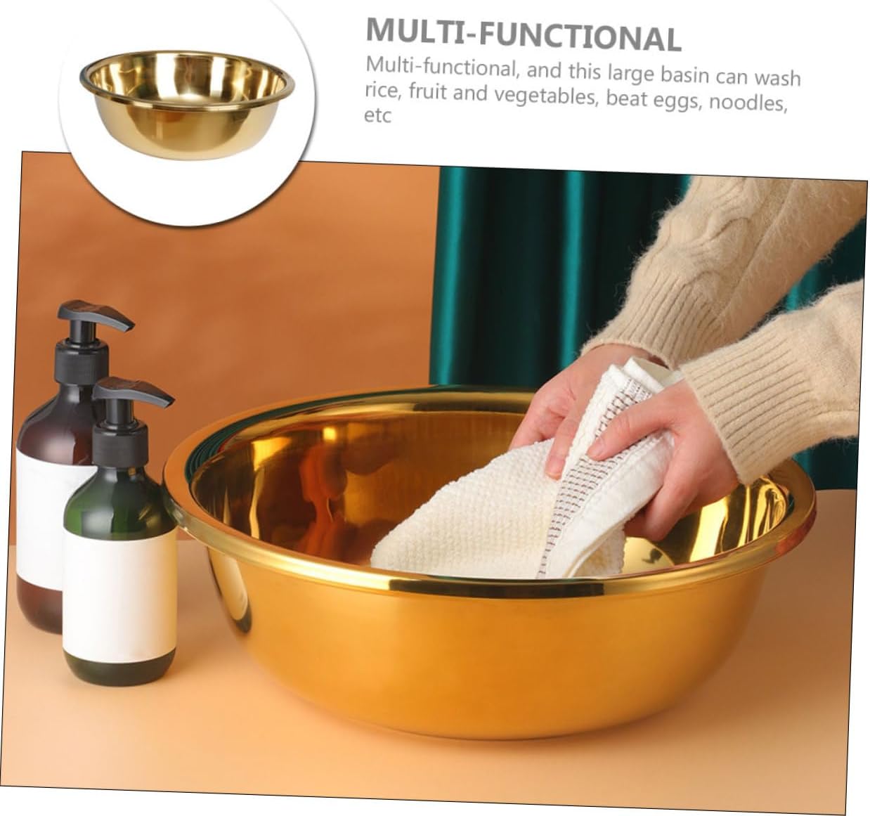 Zerodeko Large Stainless Steel Basin for Kitchen Multi-purpose Vegetable Washing Mixing Bowl and Household Washing Basin Stackable Design for Easy Storage and Use