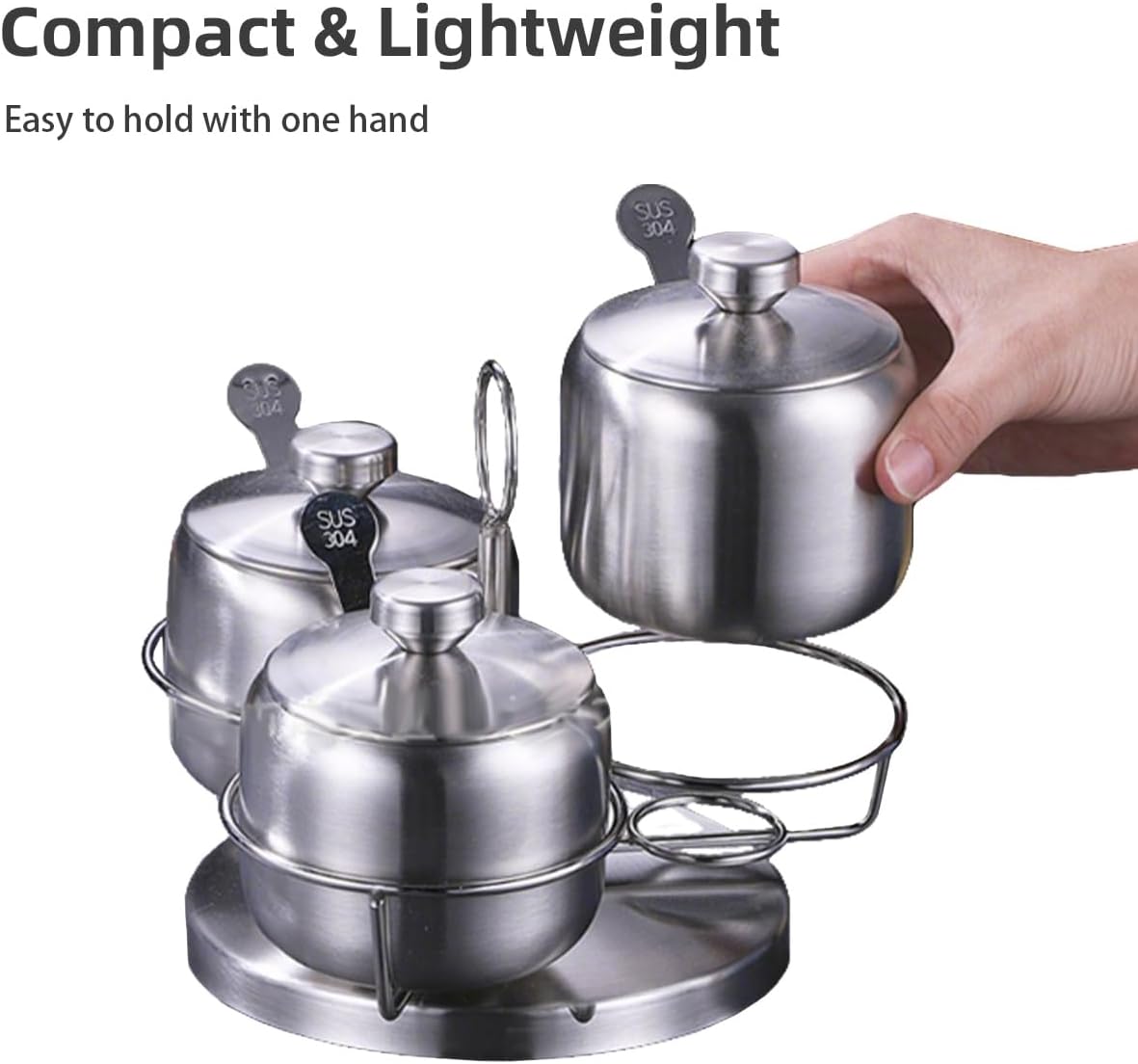 Wokyo Stainless Steel Seasoning Containers Set, Condiment Jar Spice Container with Lid Spoon, Rotatable Seasoning Pot Set for Salt Pepper Sugar Storage (Circular, 4Pcs)