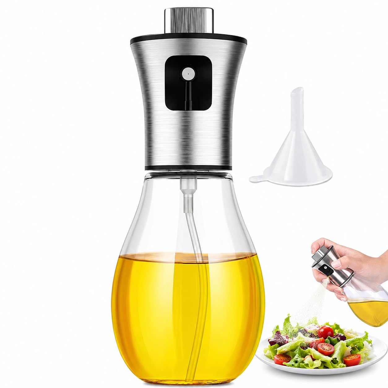 Ölsprüher, Extrem präzise Öl-Sprühflasche aus Edelstahl und Glas, Ölsprüher für Speiseöl, Edelstahl Ölspray zum Kochen Olivenöl Öl Spray Kalorienarm für Heißluftfritteuse Cooking Spray 200ml